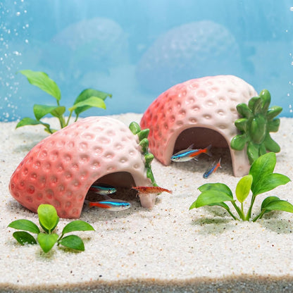 Betta Hideout, 2 Pack Strawberry Cave, Pink Ceramic
