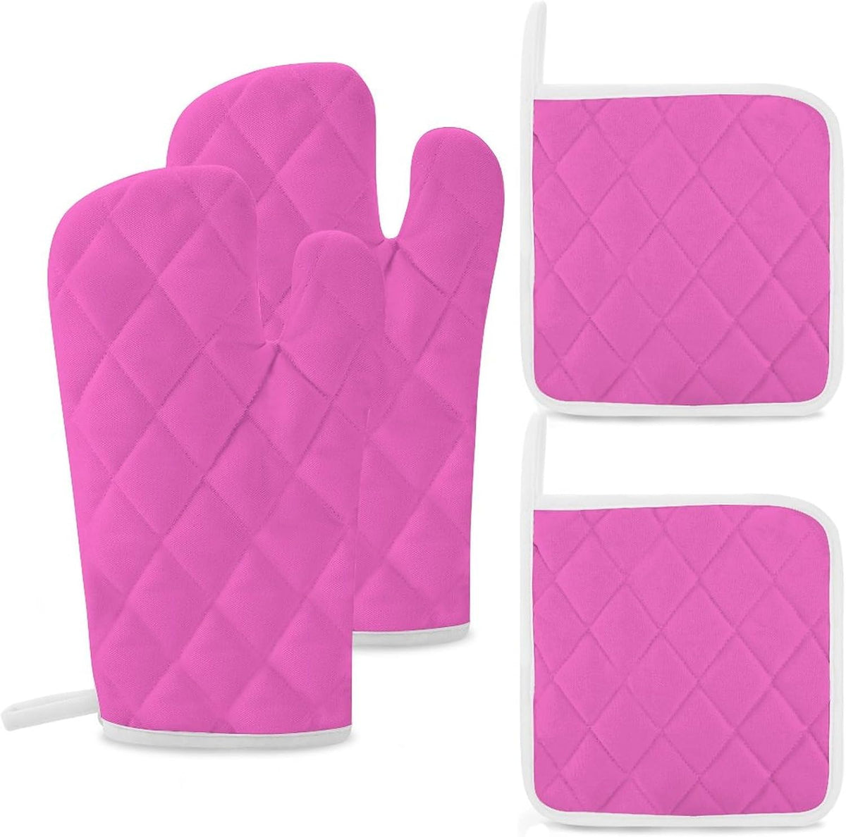 4Pcs Oven Mitts and Potholders, Bright Pink Solid Color Oven Mitts Gloves Set Heat Resistant Hot Pads for Kitchen Cooking Grill