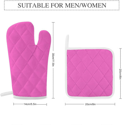 4Pcs Oven Mitts and Potholders, Bright Pink Solid Color Oven Mitts Gloves Set Heat Resistant Hot Pads for Kitchen Cooking Grill