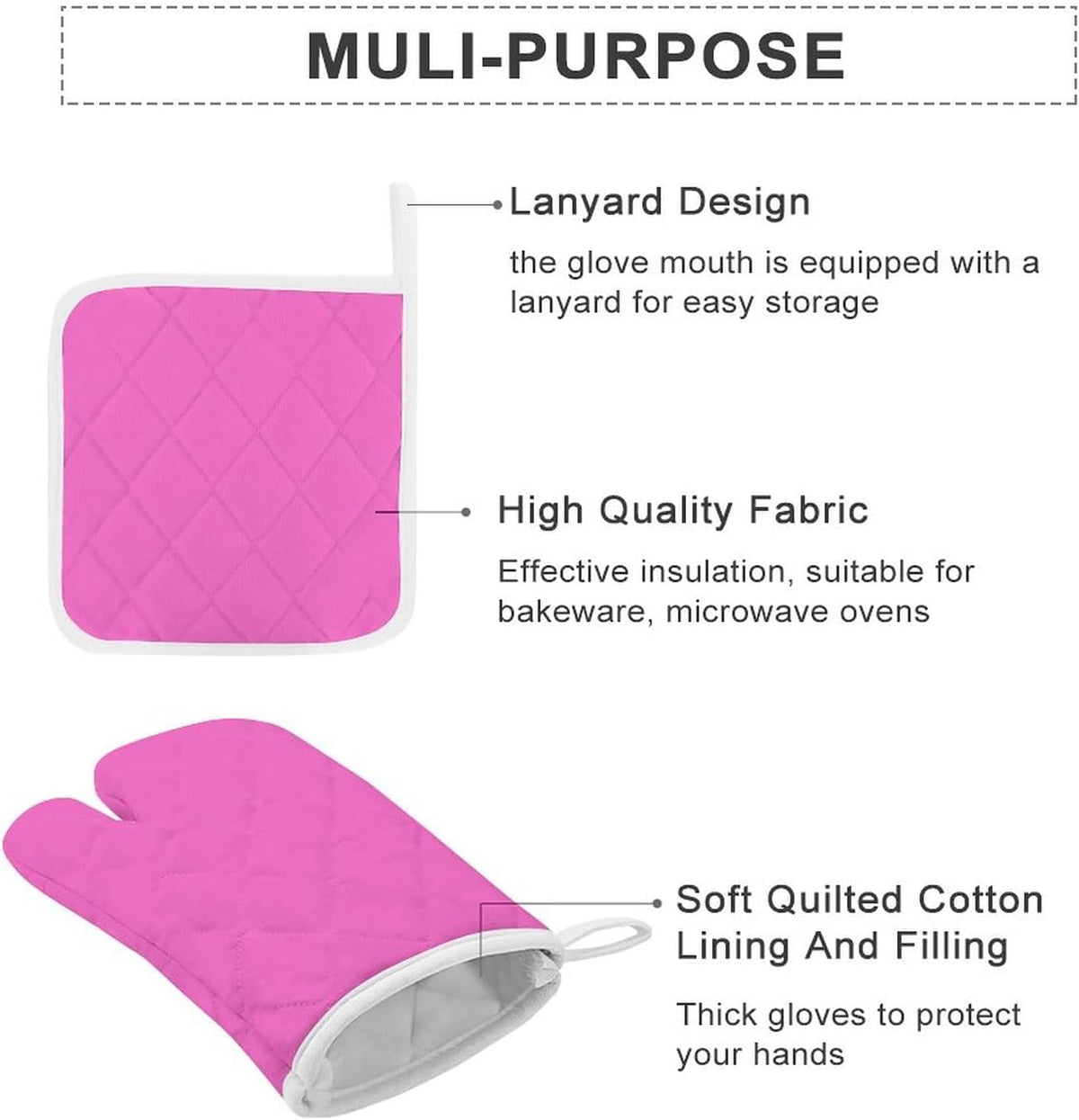 4Pcs Oven Mitts and Potholders, Bright Pink Solid Color Oven Mitts Gloves Set Heat Resistant Hot Pads for Kitchen Cooking Grill