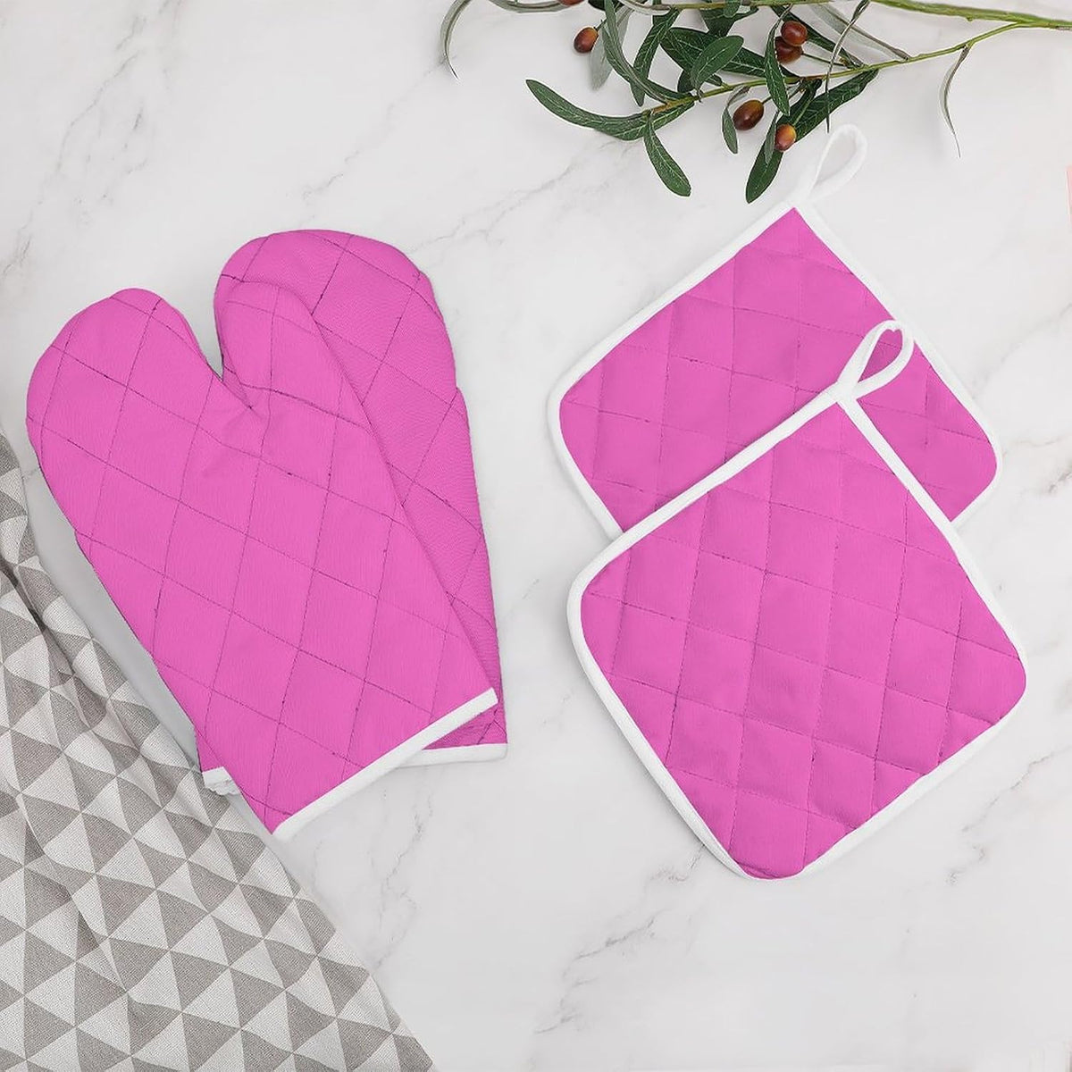 4Pcs Oven Mitts and Potholders, Bright Pink Solid Color Oven Mitts Gloves Set Heat Resistant Hot Pads for Kitchen Cooking Grill