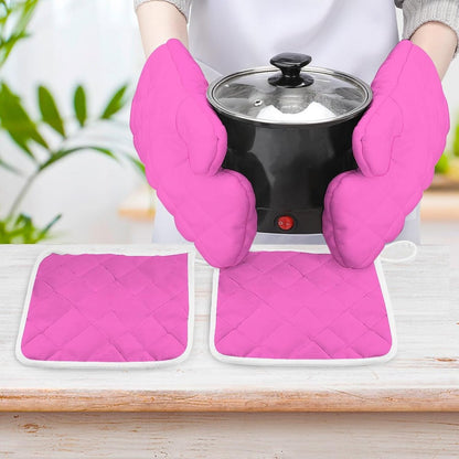 4Pcs Oven Mitts and Potholders, Bright Pink Solid Color Oven Mitts Gloves Set Heat Resistant Hot Pads for Kitchen Cooking Grill