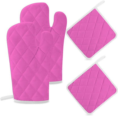 4Pcs Oven Mitts and Potholders, Bright Pink Solid Color Oven Mitts Gloves Set Heat Resistant Hot Pads for Kitchen Cooking Grill