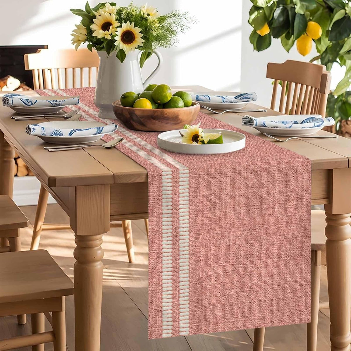 Peach Pink Texture Table Runner 48 Inches, Country Farmhouse Burlap Stripes Bed Runner Dresser Scarves Tabletop for Indoor Outdoor Parties/Ceremony/Banquet, 13 x 48