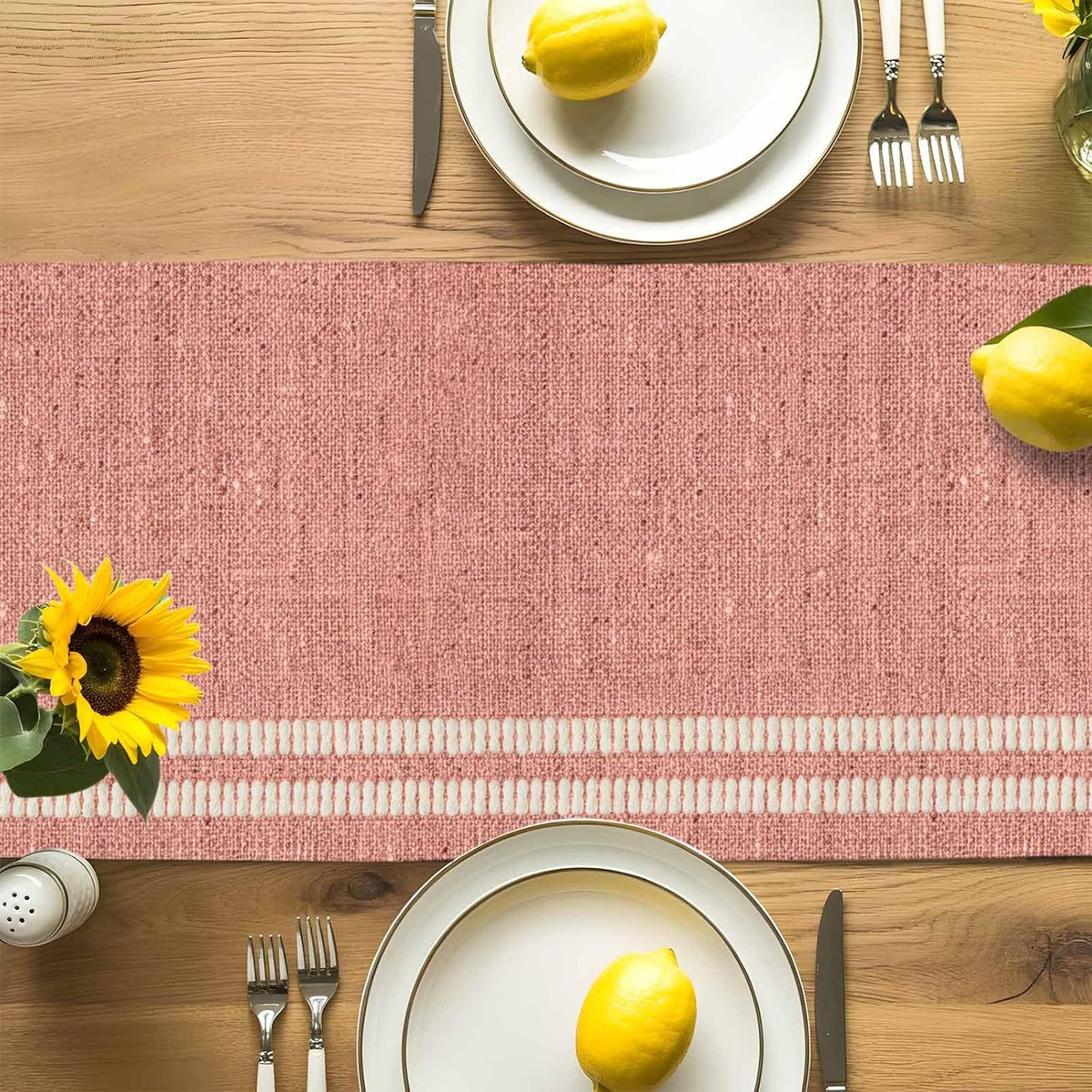 Peach Pink Texture Table Runner 48 Inches, Country Farmhouse Burlap Stripes Bed Runner Dresser Scarves Tabletop for Indoor Outdoor Parties/Ceremony/Banquet, 13 x 48