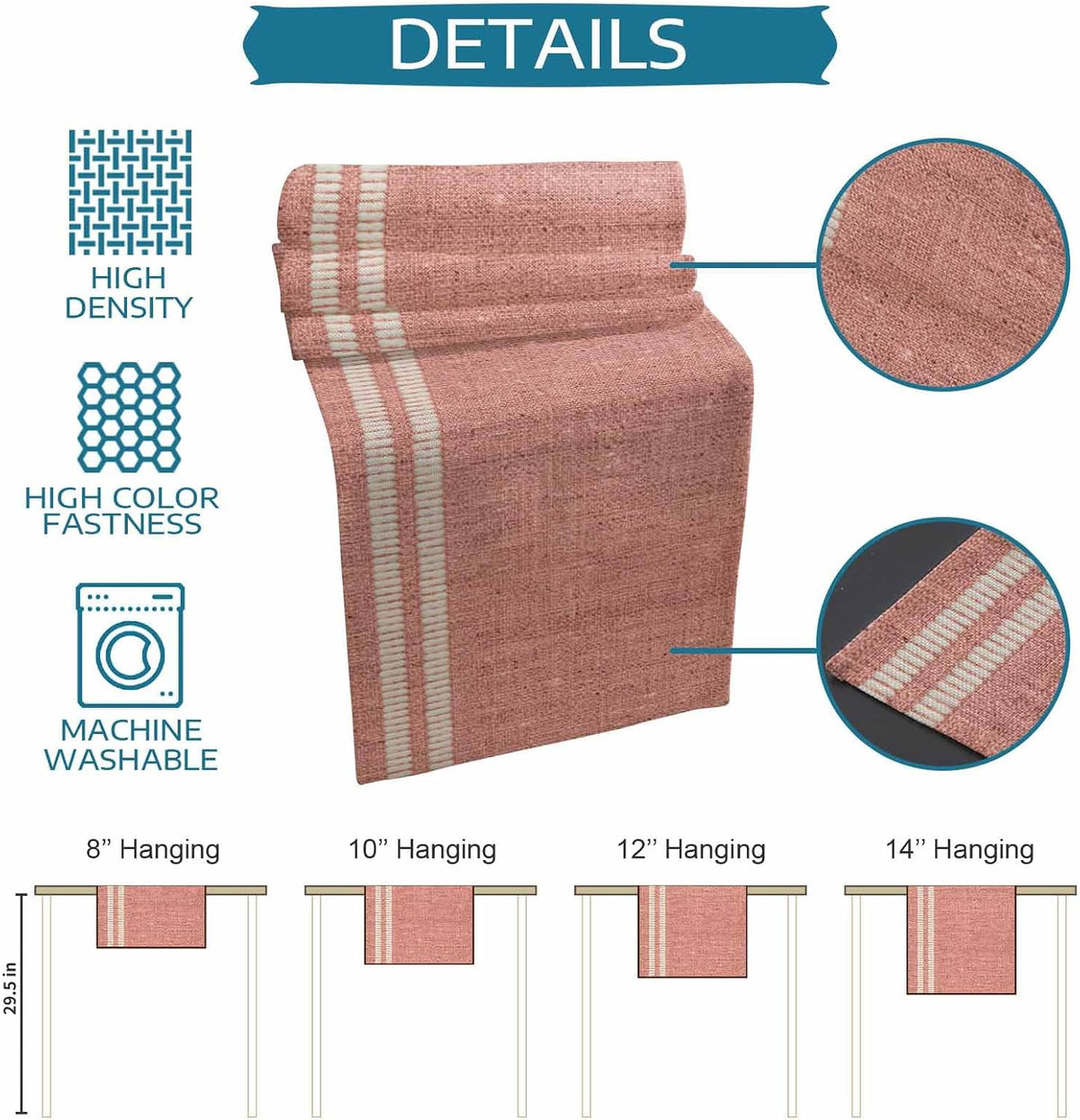 Peach Pink Texture Table Runner 48 Inches, Country Farmhouse Burlap Stripes Bed Runner Dresser Scarves Tabletop for Indoor Outdoor Parties/Ceremony/Banquet, 13 x 48
