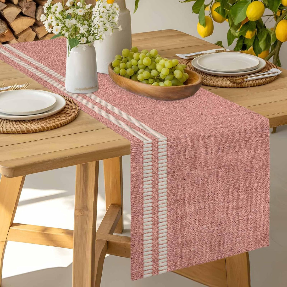 Peach Pink Texture Table Runner 48 Inches, Country Farmhouse Burlap Stripes Bed Runner Dresser Scarves Tabletop for Indoor Outdoor Parties/Ceremony/Banquet, 13 x 48