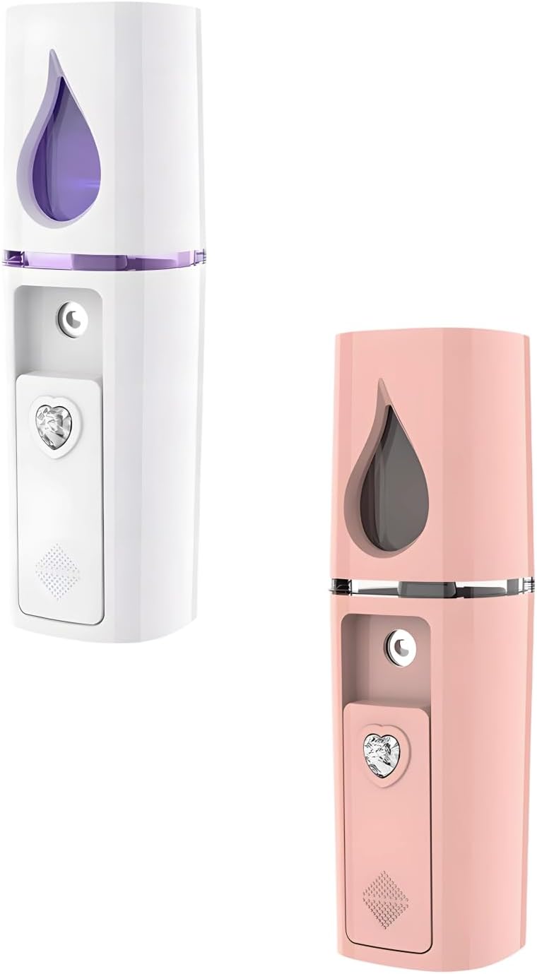 2 Pcs Portable Nano Mister, USB Rechargeable Mini Facial Steamer & Humidifier in Pink White, 4 x 1.18 in, for Face Hydration, Makeup Setting, Eyelash Extensions