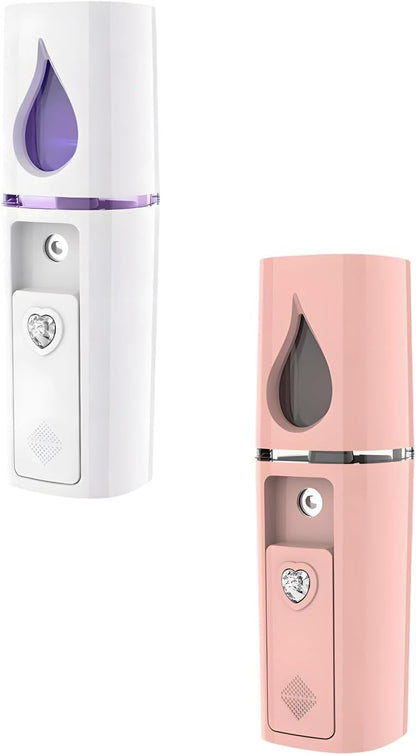 2 Pcs Portable Nano Mister, USB Rechargeable Mini Facial Steamer & Humidifier in Pink White, 4 x 1.18 in, for Face Hydration, Makeup Setting, Eyelash Extensions
