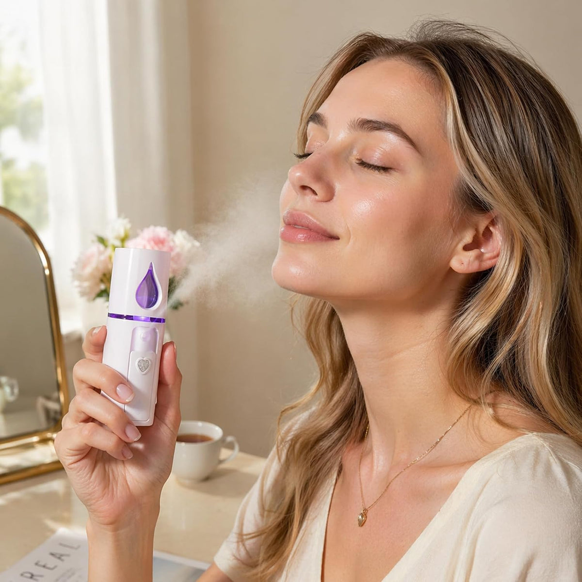 2 Pcs Portable Nano Mister, USB Rechargeable Mini Facial Steamer & Humidifier in Pink White, 4 x 1.18 in, for Face Hydration, Makeup Setting, Eyelash Extensions