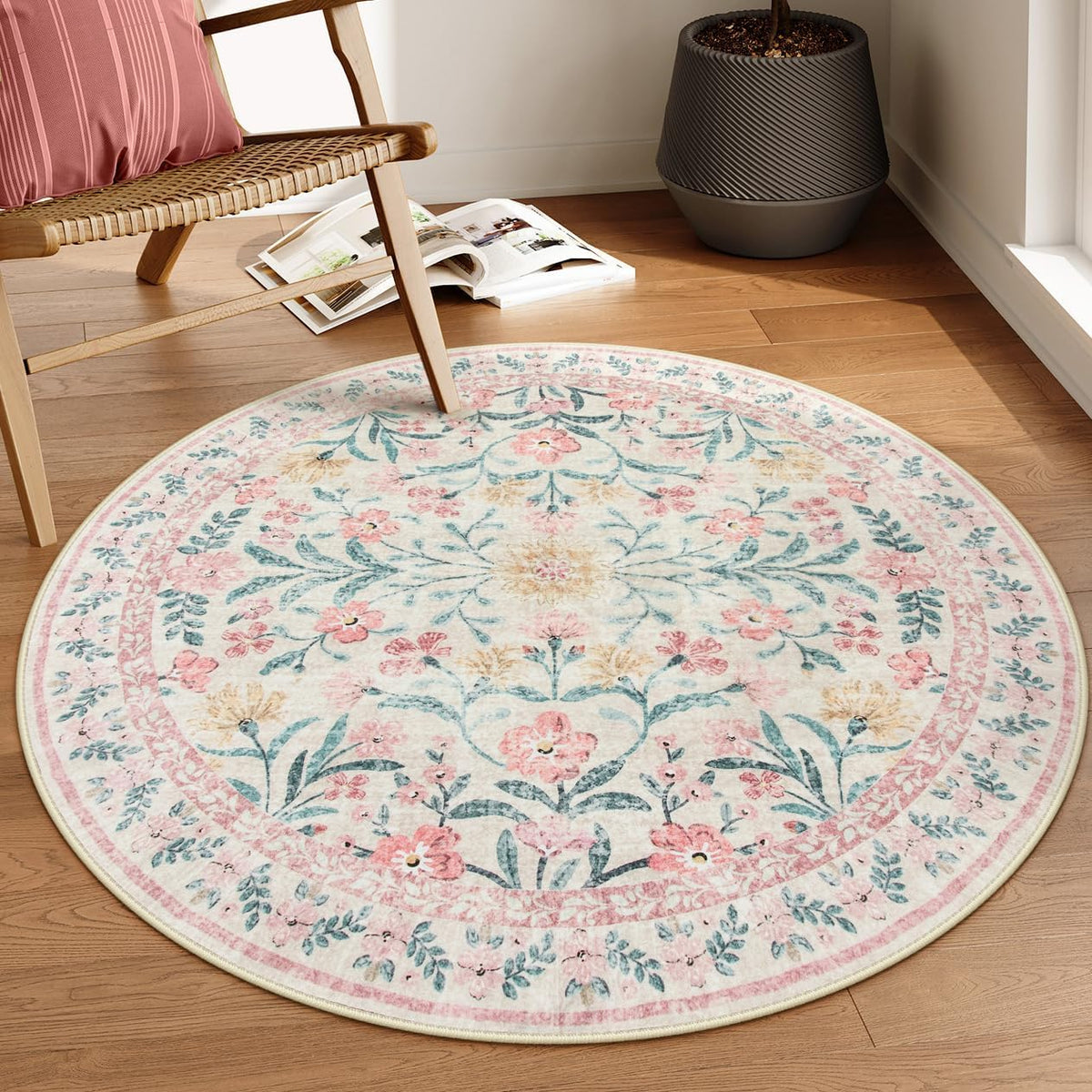 Sylvie Boho Light Pink Round Rug 4ft, Washable Small Circle Rugs for Bedroom Kids, Pink and Green Nursery Circular Carpet Girl Decor, Soft Non-Slip Round Carpet for Sunroom, Blush