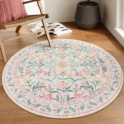 Sylvie Boho Light Pink Round Rug 4ft, Washable Small Circle Rugs for Bedroom Kids, Pink and Green Nursery Circular Carpet Girl Decor, Soft Non-Slip Round Carpet for Sunroom, Blush
