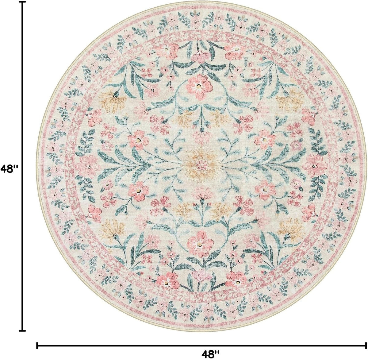 Sylvie Boho Light Pink Round Rug 4ft, Washable Small Circle Rugs for Bedroom Kids, Pink and Green Nursery Circular Carpet Girl Decor, Soft Non-Slip Round Carpet for Sunroom, Blush