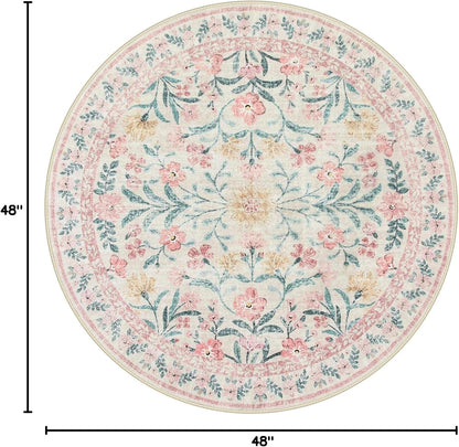 Sylvie Boho Light Pink Round Rug 4ft, Washable Small Circle Rugs for Bedroom Kids, Pink and Green Nursery Circular Carpet Girl Decor, Soft Non-Slip Round Carpet for Sunroom, Blush