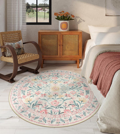 Sylvie Boho Light Pink Round Rug 4ft, Washable Small Circle Rugs for Bedroom Kids, Pink and Green Nursery Circular Carpet Girl Decor, Soft Non-Slip Round Carpet for Sunroom, Blush