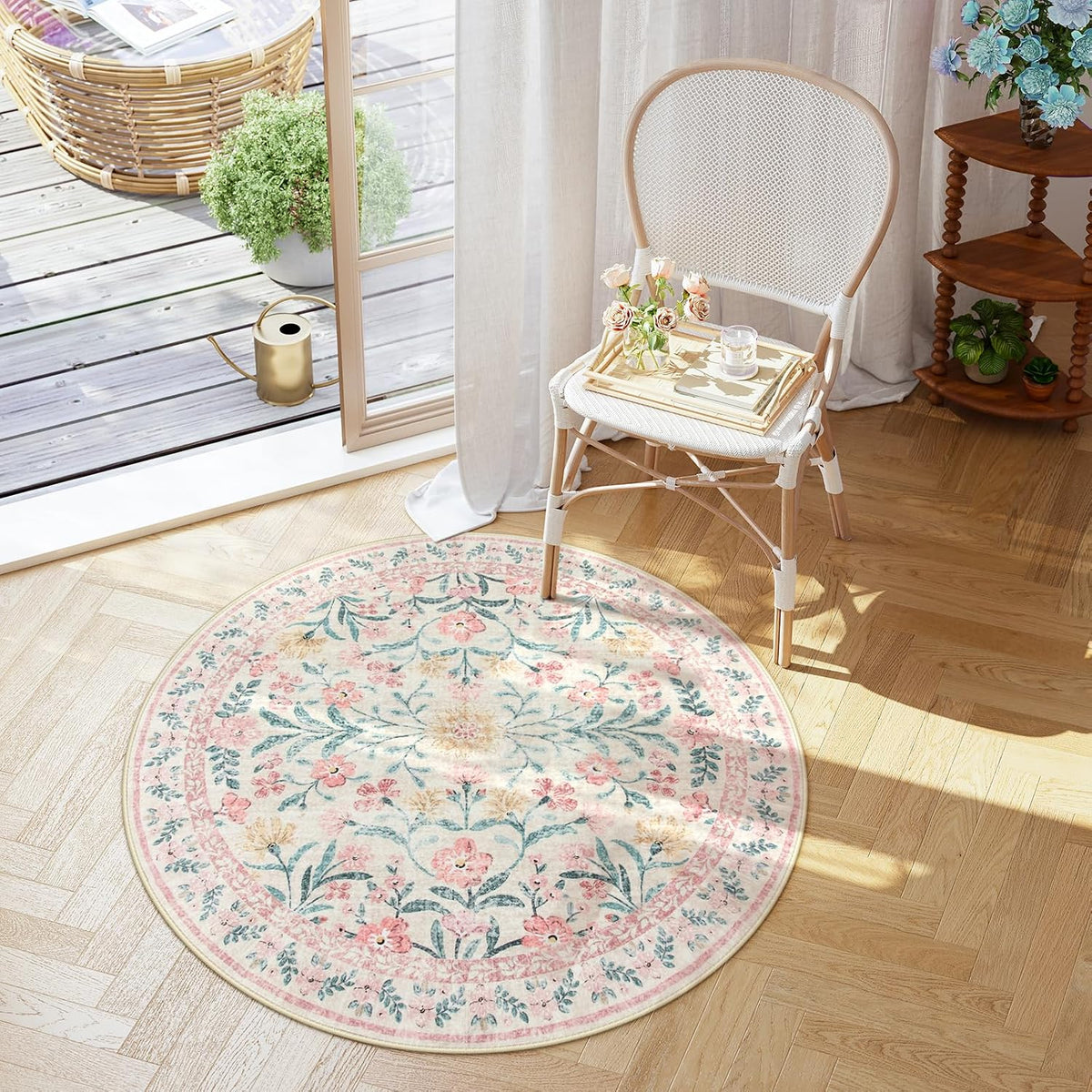 Sylvie Boho Light Pink Round Rug 4ft, Washable Small Circle Rugs for Bedroom Kids, Pink and Green Nursery Circular Carpet Girl Decor, Soft Non-Slip Round Carpet for Sunroom, Blush