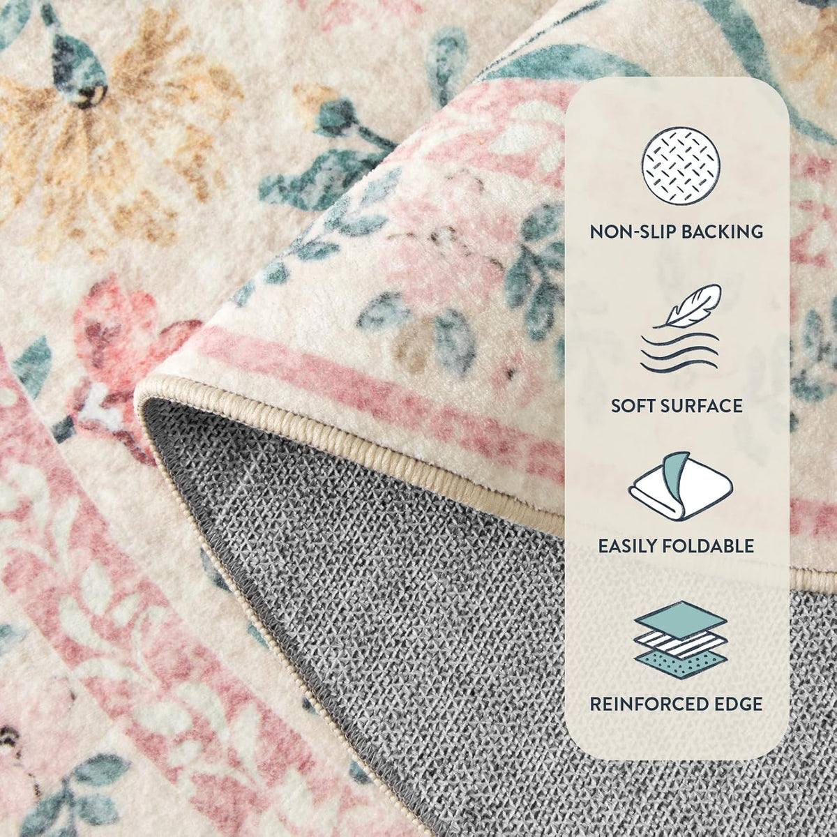 Sylvie Boho Light Pink Round Rug 4ft, Washable Small Circle Rugs for Bedroom Kids, Pink and Green Nursery Circular Carpet Girl Decor, Soft Non-Slip Round Carpet for Sunroom, Blush