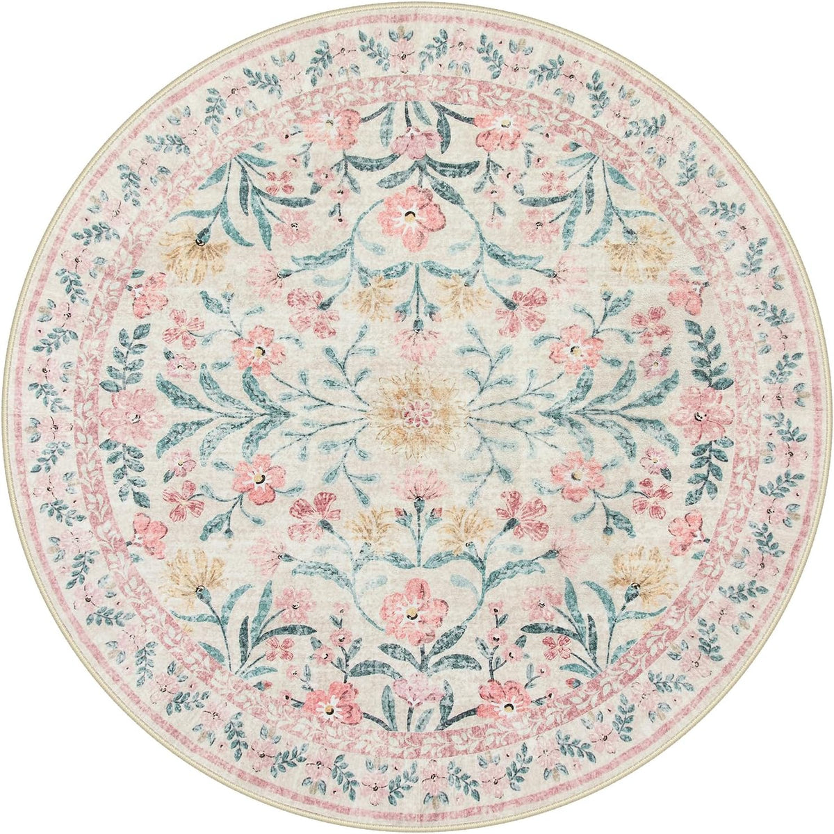 Sylvie Boho Light Pink Round Rug 4ft, Washable Small Circle Rugs for Bedroom Kids, Pink and Green Nursery Circular Carpet Girl Decor, Soft Non-Slip Round Carpet for Sunroom, Blush