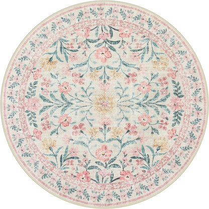 Sylvie Boho Light Pink Round Rug 4ft, Washable Small Circle Rugs for Bedroom Kids, Pink and Green Nursery Circular Carpet Girl Decor, Soft Non-Slip Round Carpet for Sunroom, Blush
