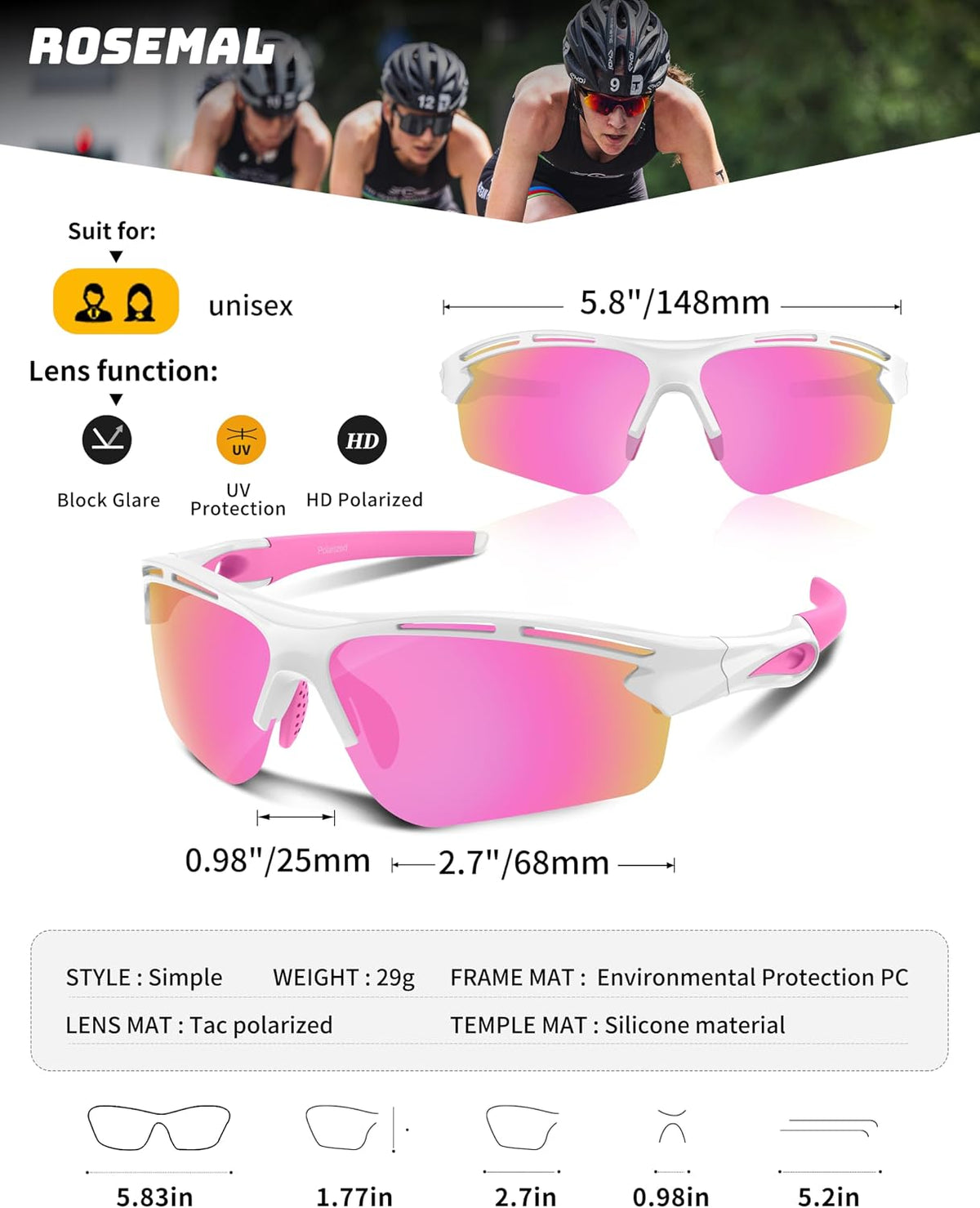 Rosemal Polarized Sunglasses for Men Women Sport Runing Cycling Sun Glasses