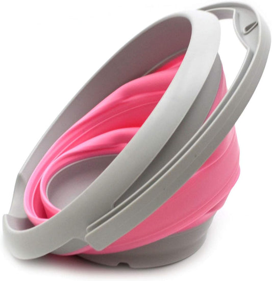 5L / 1.32 Gallon Collapsible Plastic Bucket - Foldable Round Tub - Portable Fishing Water Pail - Space Saving Outdoor Waterpot (5L Round, Grey/Pink)