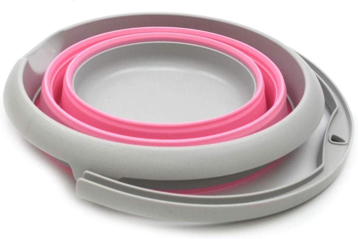 5L / 1.32 Gallon Collapsible Plastic Bucket - Foldable Round Tub - Portable Fishing Water Pail - Space Saving Outdoor Waterpot (5L Round, Grey/Pink)