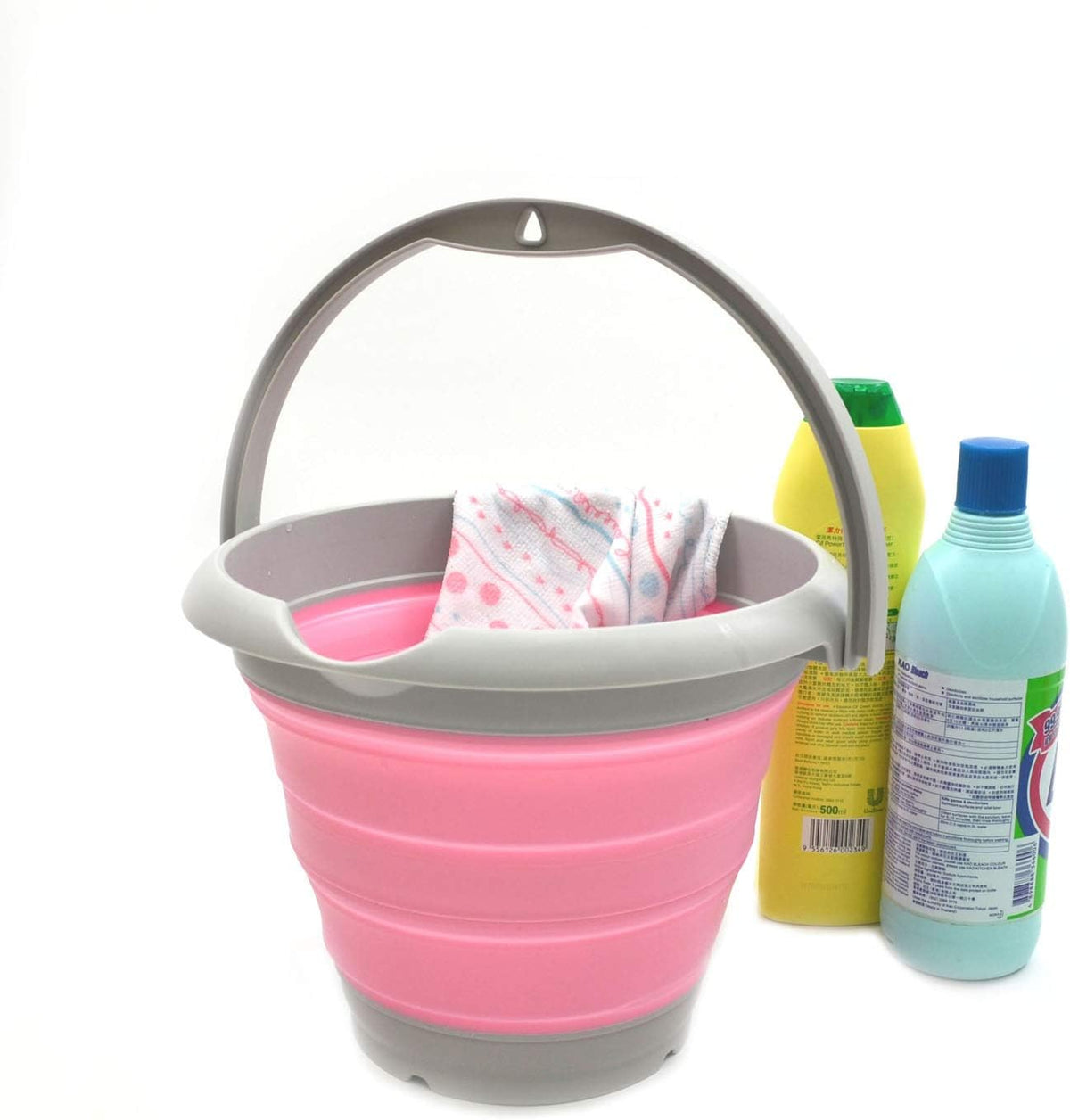 5L / 1.32 Gallon Collapsible Plastic Bucket - Foldable Round Tub - Portable Fishing Water Pail - Space Saving Outdoor Waterpot (5L Round, Grey/Pink)