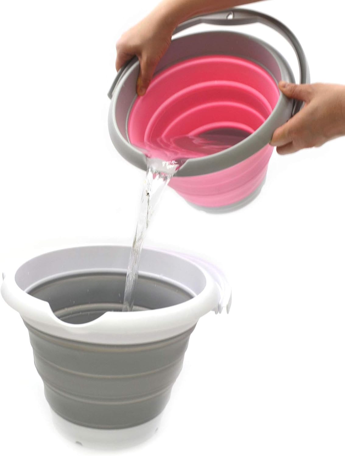 5L / 1.32 Gallon Collapsible Plastic Bucket - Foldable Round Tub - Portable Fishing Water Pail - Space Saving Outdoor Waterpot (5L Round, Grey/Pink)