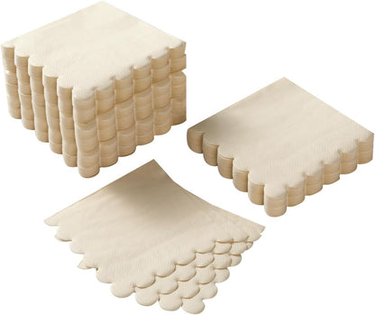 100 Pack Cocktail Napkin 2-Ply Scalloped Edged Dessert Napkins Folded 5 x 5 Inches Disposable Napkins for Dinner Wedding Birthday Party Bridal Anniversary Reception Event (Milky-White)