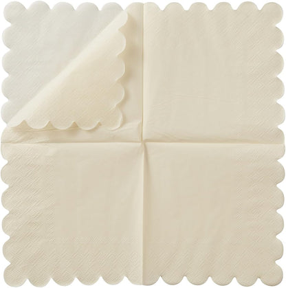 100 Pack Cocktail Napkin 2-Ply Scalloped Edged Dessert Napkins Folded 5 x 5 Inches Disposable Napkins for Dinner Wedding Birthday Party Bridal Anniversary Reception Event (Milky-White)