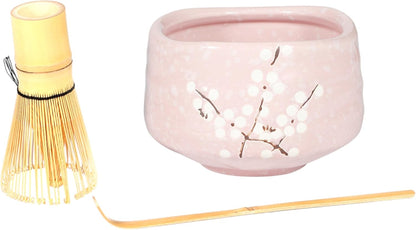 Japanese Matcha Tea Ceremony Set with Ceramic Bowl, Bamboo Whisk and Scoop, Ume Plum Blossom Design, 21 fl oz, 3 Piece Kit (Pink)