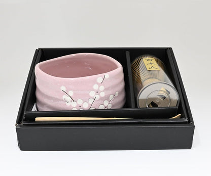 Japanese Matcha Tea Ceremony Set with Ceramic Bowl, Bamboo Whisk and Scoop, Ume Plum Blossom Design, 21 fl oz, 3 Piece Kit (Pink)