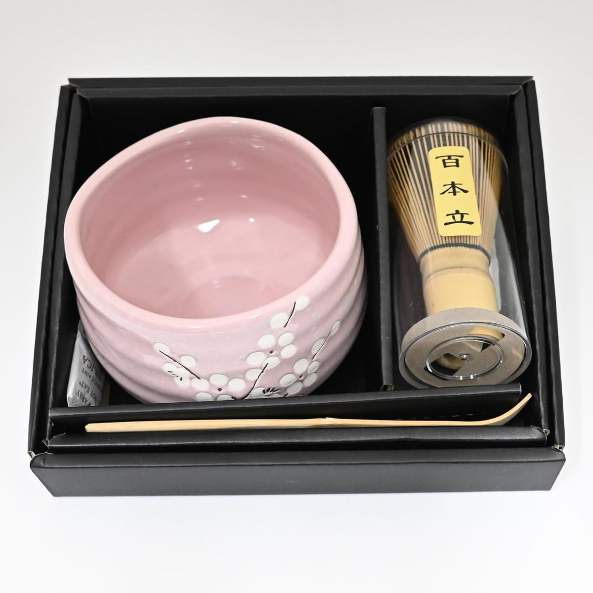 Japanese Matcha Tea Ceremony Set with Ceramic Bowl, Bamboo Whisk and Scoop, Ume Plum Blossom Design, 21 fl oz, 3 Piece Kit (Pink)
