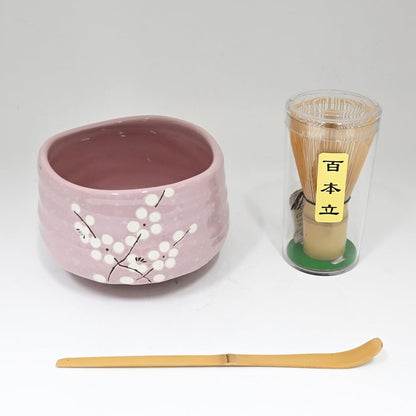 Japanese Matcha Tea Ceremony Set with Ceramic Bowl, Bamboo Whisk and Scoop, Ume Plum Blossom Design, 21 fl oz, 3 Piece Kit (Pink)