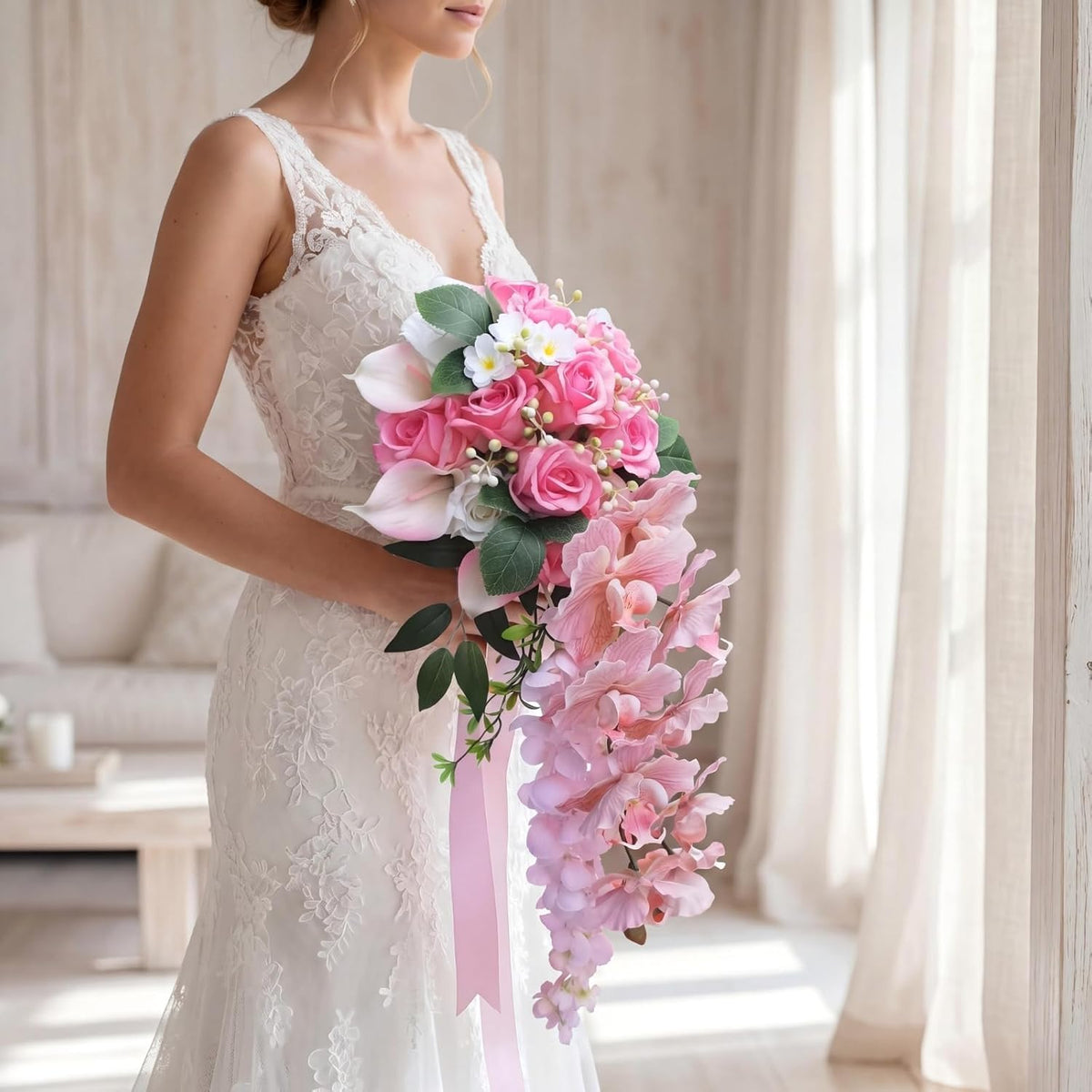 Bride Wedding Bouquet, 11.81-Inch Pink Rose Waterfall Bouquet, Bride Artificial Wedding Bouquet, Wedding Ceremony and Anniversary Decoration (Pink)