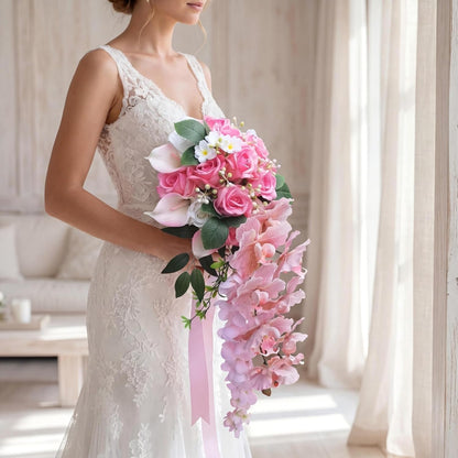 Bride Wedding Bouquet, 11.81-Inch Pink Rose Waterfall Bouquet, Bride Artificial Wedding Bouquet, Wedding Ceremony and Anniversary Decoration (Pink)