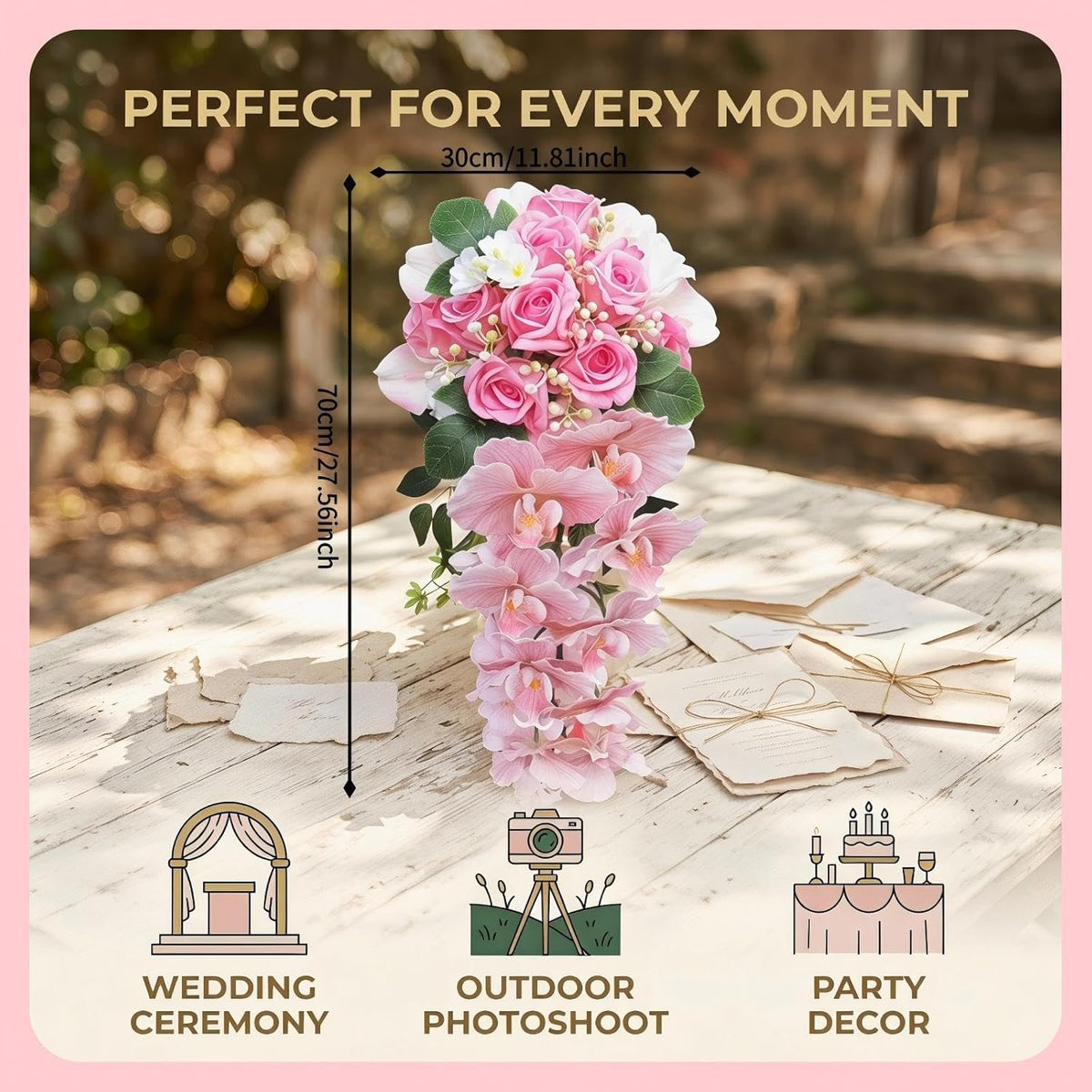 Bride Wedding Bouquet, 11.81-Inch Pink Rose Waterfall Bouquet, Bride Artificial Wedding Bouquet, Wedding Ceremony and Anniversary Decoration (Pink)