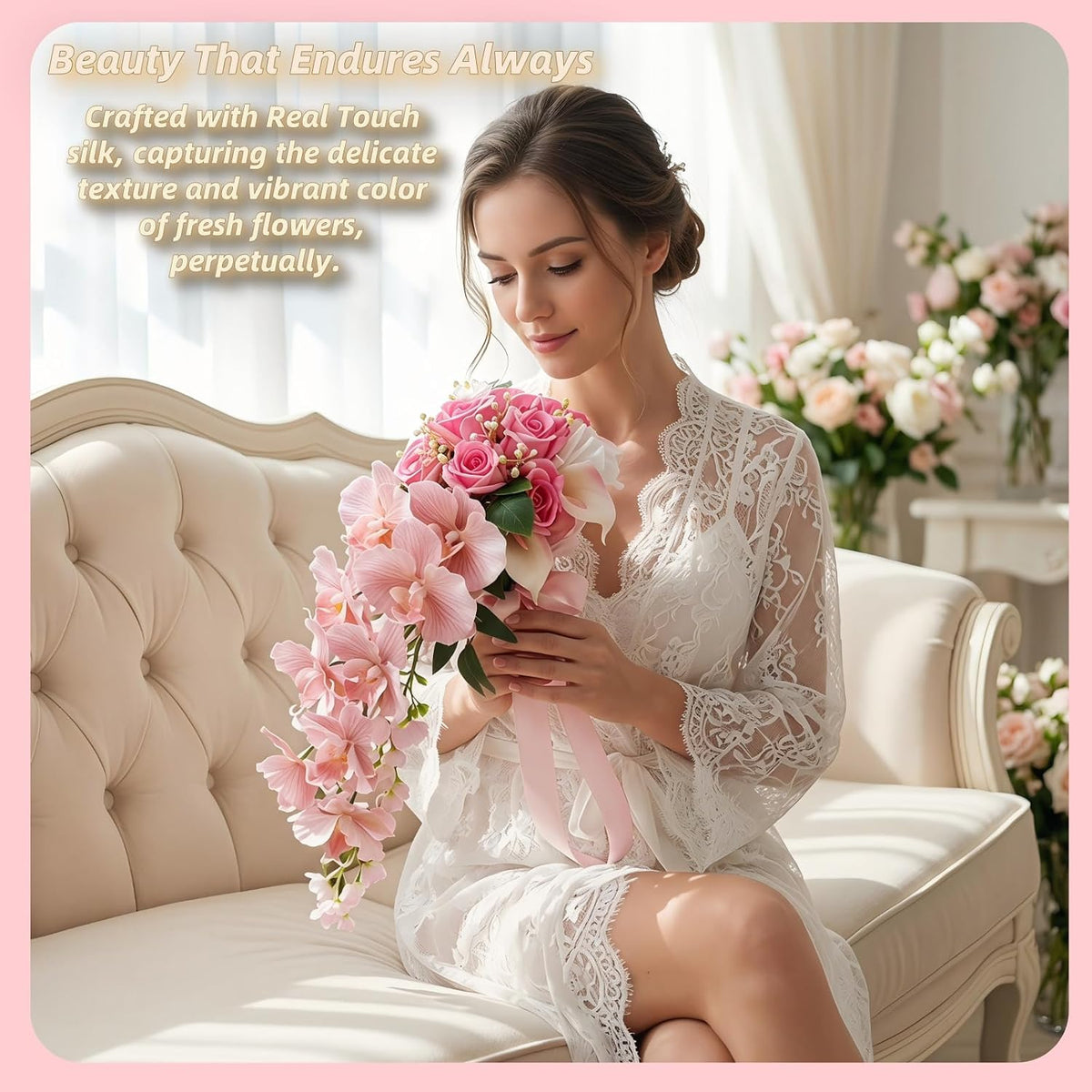 Bride Wedding Bouquet, 11.81-Inch Pink Rose Waterfall Bouquet, Bride Artificial Wedding Bouquet, Wedding Ceremony and Anniversary Decoration (Pink)