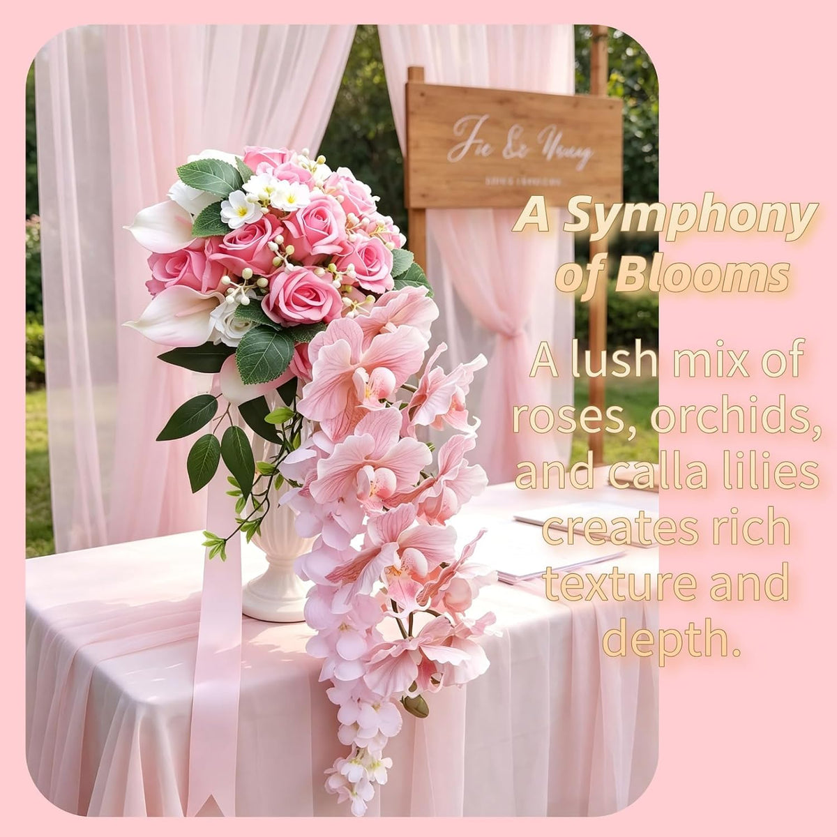 Bride Wedding Bouquet, 11.81-Inch Pink Rose Waterfall Bouquet, Bride Artificial Wedding Bouquet, Wedding Ceremony and Anniversary Decoration (Pink)