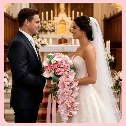 Bride Wedding Bouquet, 11.81-Inch Pink Rose Waterfall Bouquet, Bride Artificial Wedding Bouquet, Wedding Ceremony and Anniversary Decoration (Pink)