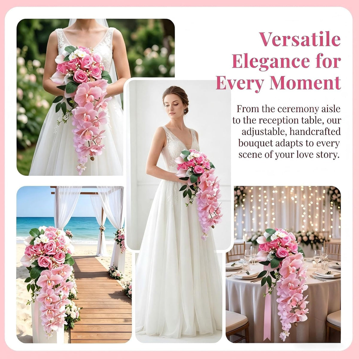 Bride Wedding Bouquet, 11.81-Inch Pink Rose Waterfall Bouquet, Bride Artificial Wedding Bouquet, Wedding Ceremony and Anniversary Decoration (Pink)