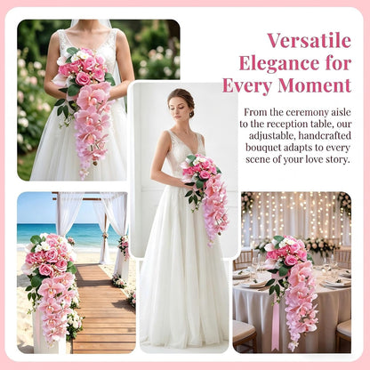 Bride Wedding Bouquet, 11.81-Inch Pink Rose Waterfall Bouquet, Bride Artificial Wedding Bouquet, Wedding Ceremony and Anniversary Decoration (Pink)