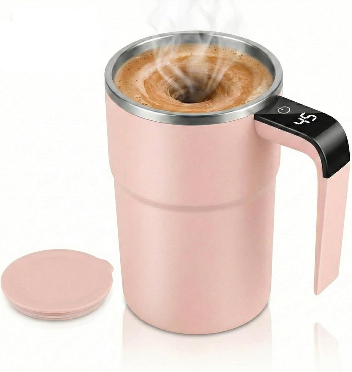 Self Stirring Mug & Electric Coffee with Automatic Magnetic Mixer, Rechargeable Auto Mixing Cup with LCD Real-Time Temperature Display, Travel Tumbler for Coffee, Protein Shakes, Hot Chocolate (Pink)