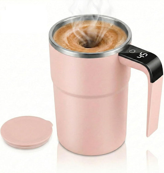 Self Stirring Mug & Electric Coffee with Automatic Magnetic Mixer, Rechargeable Auto Mixing Cup with LCD Real-Time Temperature Display, Travel Tumbler for Coffee, Protein Shakes, Hot Chocolate (Pink)