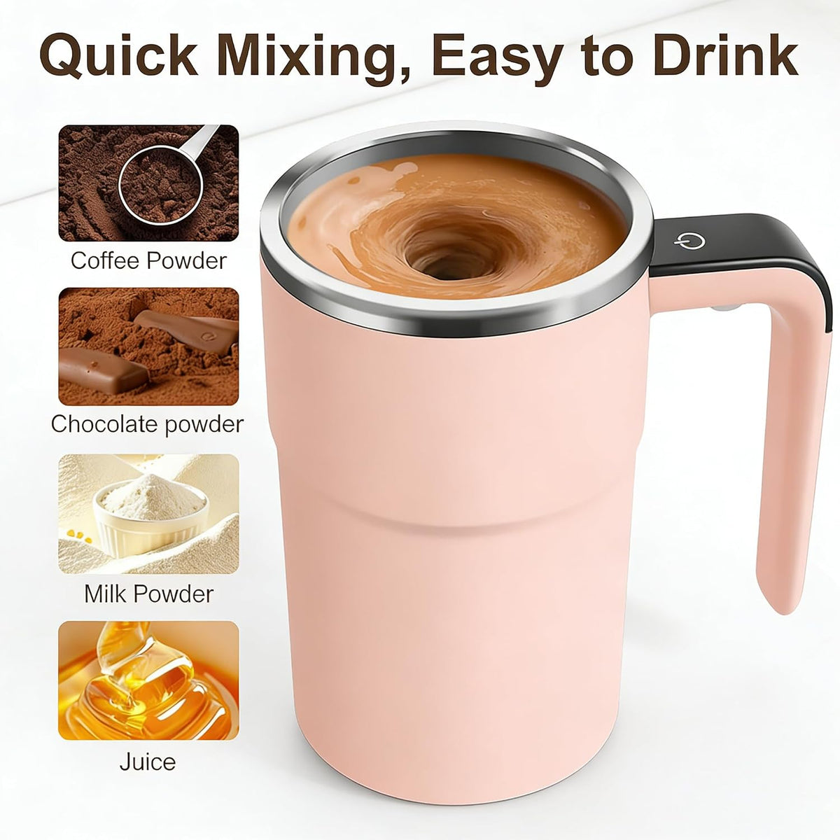 Self Stirring Mug & Electric Coffee with Automatic Magnetic Mixer, Rechargeable Auto Mixing Cup with LCD Real-Time Temperature Display, Travel Tumbler for Coffee, Protein Shakes, Hot Chocolate (Pink)