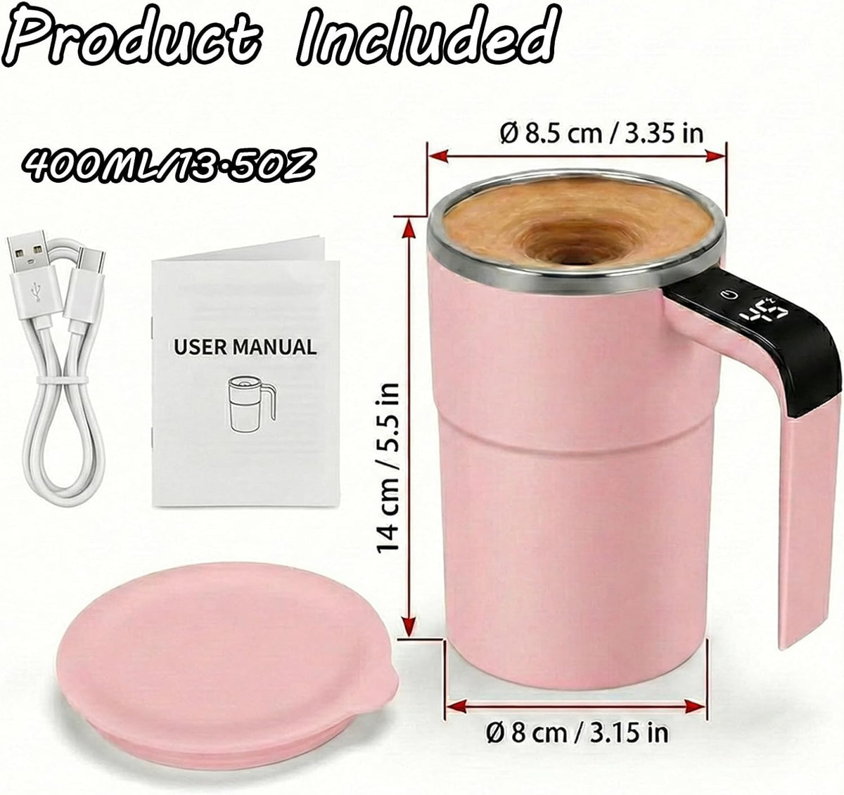 Self Stirring Mug & Electric Coffee with Automatic Magnetic Mixer, Rechargeable Auto Mixing Cup with LCD Real-Time Temperature Display, Travel Tumbler for Coffee, Protein Shakes, Hot Chocolate (Pink)