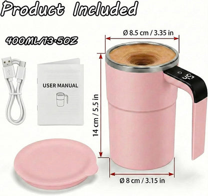 Self Stirring Mug & Electric Coffee with Automatic Magnetic Mixer, Rechargeable Auto Mixing Cup with LCD Real-Time Temperature Display, Travel Tumbler for Coffee, Protein Shakes, Hot Chocolate (Pink)