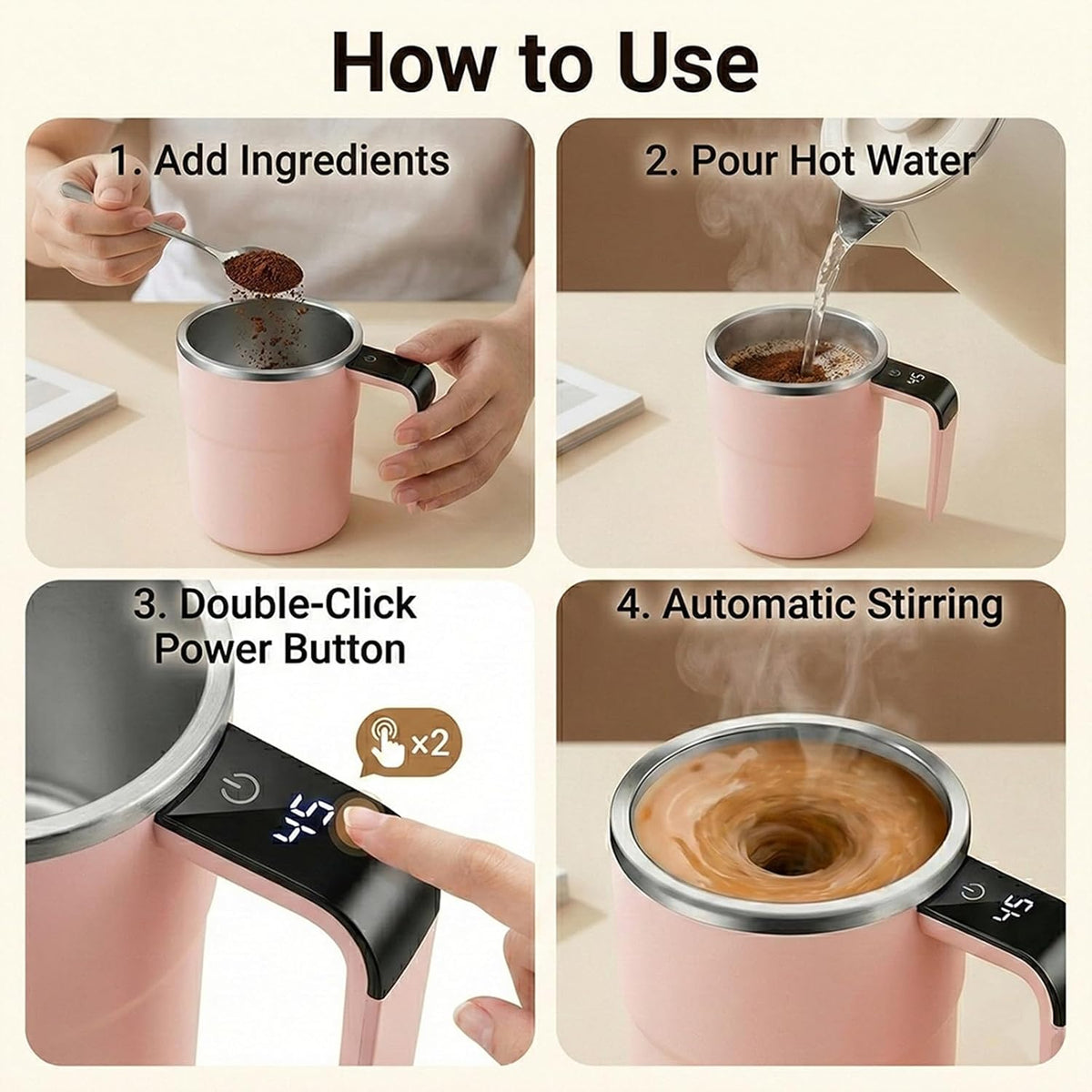 Self Stirring Mug & Electric Coffee with Automatic Magnetic Mixer, Rechargeable Auto Mixing Cup with LCD Real-Time Temperature Display, Travel Tumbler for Coffee, Protein Shakes, Hot Chocolate (Pink)