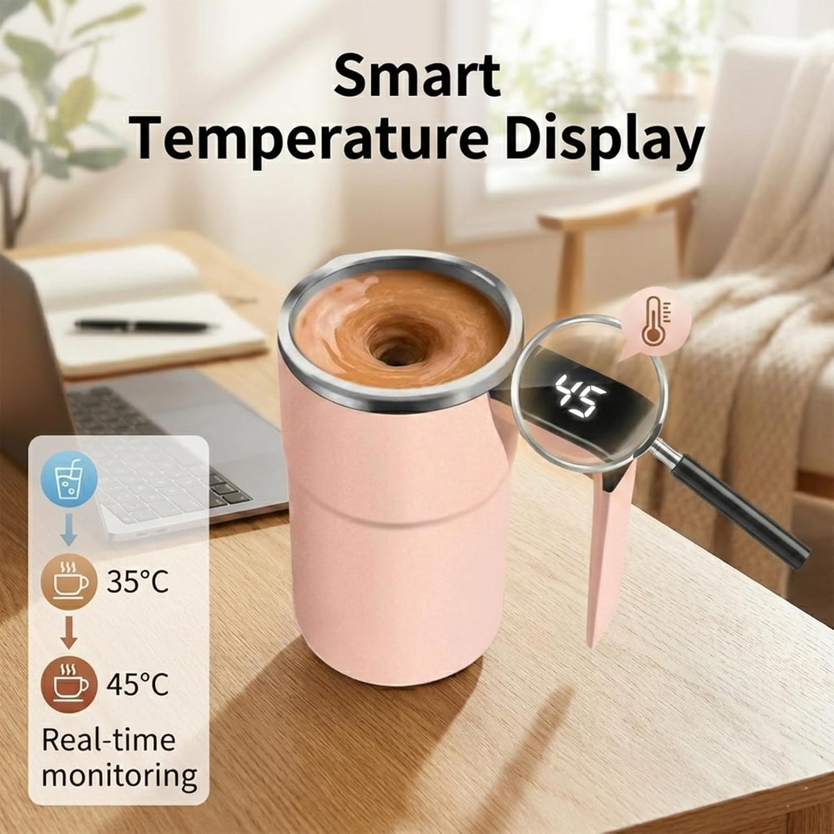 Self Stirring Mug & Electric Coffee with Automatic Magnetic Mixer, Rechargeable Auto Mixing Cup with LCD Real-Time Temperature Display, Travel Tumbler for Coffee, Protein Shakes, Hot Chocolate (Pink)