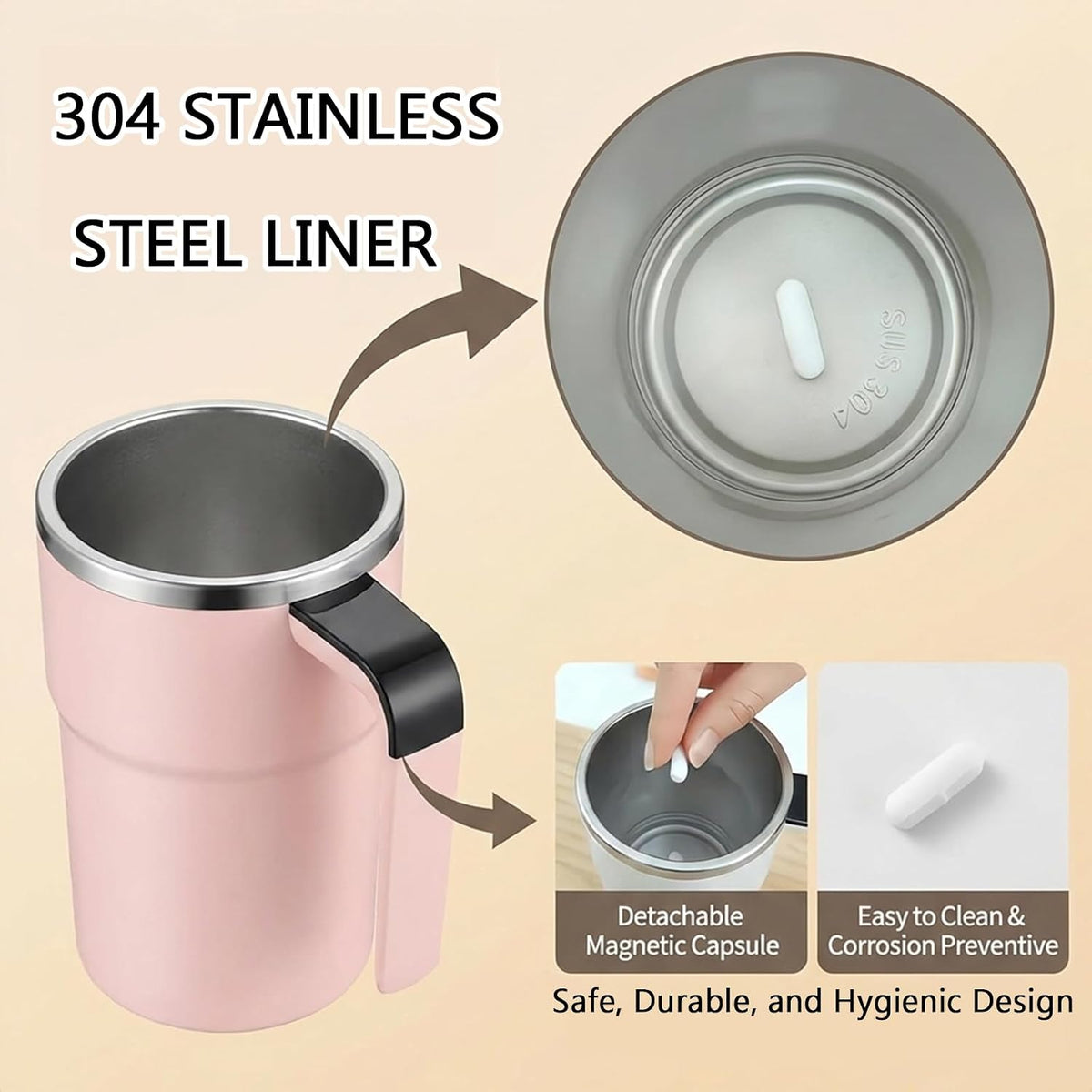 Self Stirring Mug & Electric Coffee with Automatic Magnetic Mixer, Rechargeable Auto Mixing Cup with LCD Real-Time Temperature Display, Travel Tumbler for Coffee, Protein Shakes, Hot Chocolate (Pink)